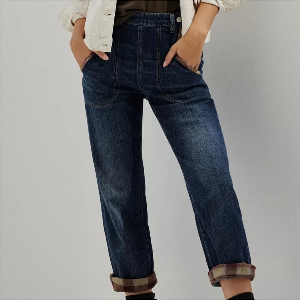 NWOT Anthropologie Pilcro Hi-Rise Plaid Trimmed Cropped Boyfriend Jeans - Picture 2 of 14
